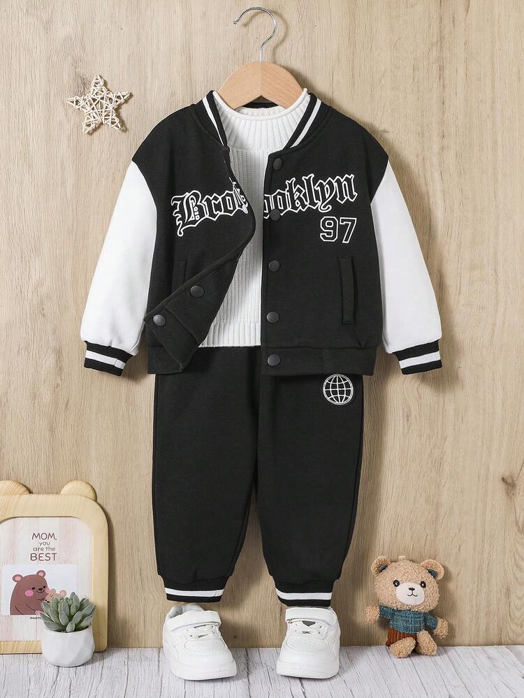 Baby Boy Letter Graphic Striped Trim Varsity Jacket & Sweatpants Without Tee