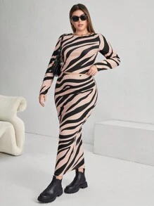 SHEIN Essnce Cộng với áo phông sọc ngựa vằn & váy bút chì - Màu Khaki - Xem 3