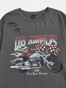 SHEIN EZwear 摩托車和字母圖案落肩T恤和短褲