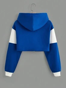 SHEIN EZwear Letter Graphic Colorblock Zip Up Drawstring Hoodie - Blue and White - View 2