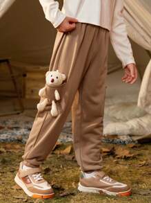 SHEIN 男大童3D熊裝飾衛褲 - 棕色 - 查看 1