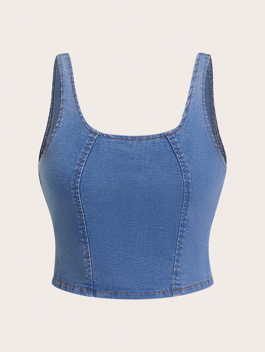 SHEIN MOD 純色牛仔背心 - 中等水洗藍 - 查看 1