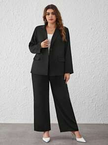 SHEIN Privé Blazer unicolor con pantalones anchos - Negro - Ver 1