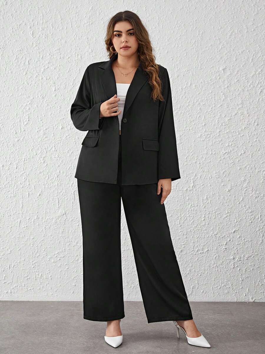 SHEIN Privé Blazer unicolor con pantalones anchos - Negro - Ver 1
