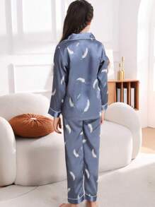 Bộ Đồ Ngủ Satin Satin Quần Dài Quần Dài Phối Nút Lụa Kiểu Áo Cardigan Dài Tay Mềm Mại Và Thoải Mái Dễ Thương Thích Hợp Cho Trẻ Em Từ 8-13 Tuổi Xuân Thu Bộ Hai Mảnh Loungewear - Màu xanh lam - Xem 2