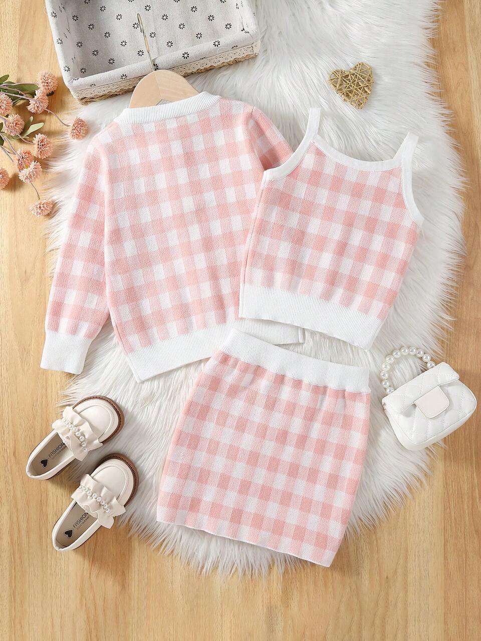Young Girl Gingham Pattern Cardigan & Knit Cami & Knit Skirt