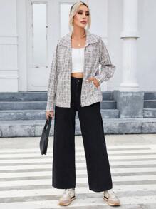 SHEIN Essnce In kẻ sọc Dây kéo Áo khoác vải nhung - Nhiều màu - Xem 4
