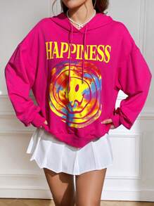 SHEIN EZwear 字母和數字圖形落肩抽繩連帽衫 - 玫紅色 - 查看 1