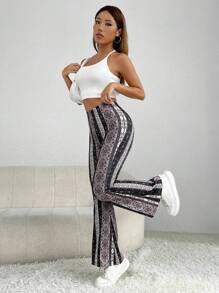 SHEIN PETITE 全版印花喇叭褲,春季女性褲裝