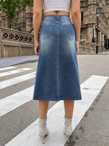 SHEIN ICON High Waist Split Thigh Denim Skirt - Medium Wash - View 3