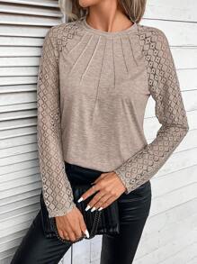 SHEIN Frenchy Contrast Lace Raglan Sleeve Seam Detail Round Neck Tee Winter Brown Casual Spring - Khaki - View 3