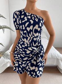 Pariaura Allover Print One Shoulder Twist Front Dress - Navy Blue - View 5