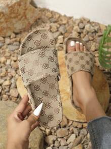 Women Retro Floral Print Flat Slip-On Casual Comfortable Outdoor Slide Sandals, Elegant Beach Slippers - Apricot - View 1