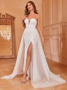 Faeriesty Váy dạ hội trang trọng không dây kết hợp chân váy đuôi cá chữ A - Váy thêu ôm thanh lịch cho tiệc Gala, đám cưới, lễ trao giải, sự kiện từ thiện, thảm đỏ - trắng - Xem 2