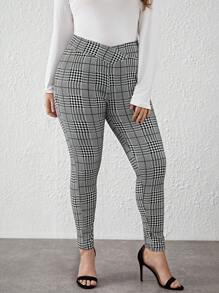 SHEIN Clasi 大碼格紋印花不對稱腰帶緊身打底褲 - 灰色 - 查看 5