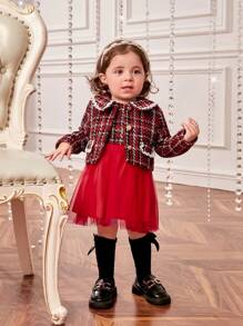 SHEIN Baby Girl Plaid Print Statement Collar Jacket & Mesh Overlay Dress