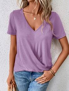 SHEIN LUNE Chất rắn Đan chéo Áo thun - Màu tím hoa cà - Xem 3