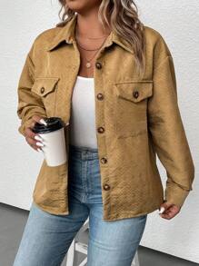 SHEIN LUNE Talla grande Cazadora de hombros caídos con bolsillo con solapa - Caqui - Ver 7