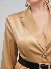 BizChic Plus Lapel Neck Flap Detail Coat Without Belt - Apricot - View 4