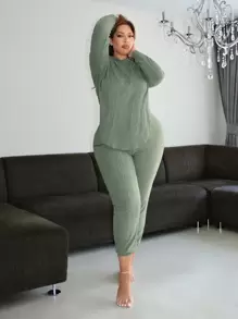 SHEIN SXY Plus Solid Hooded Tee & Pants - Green - View 1