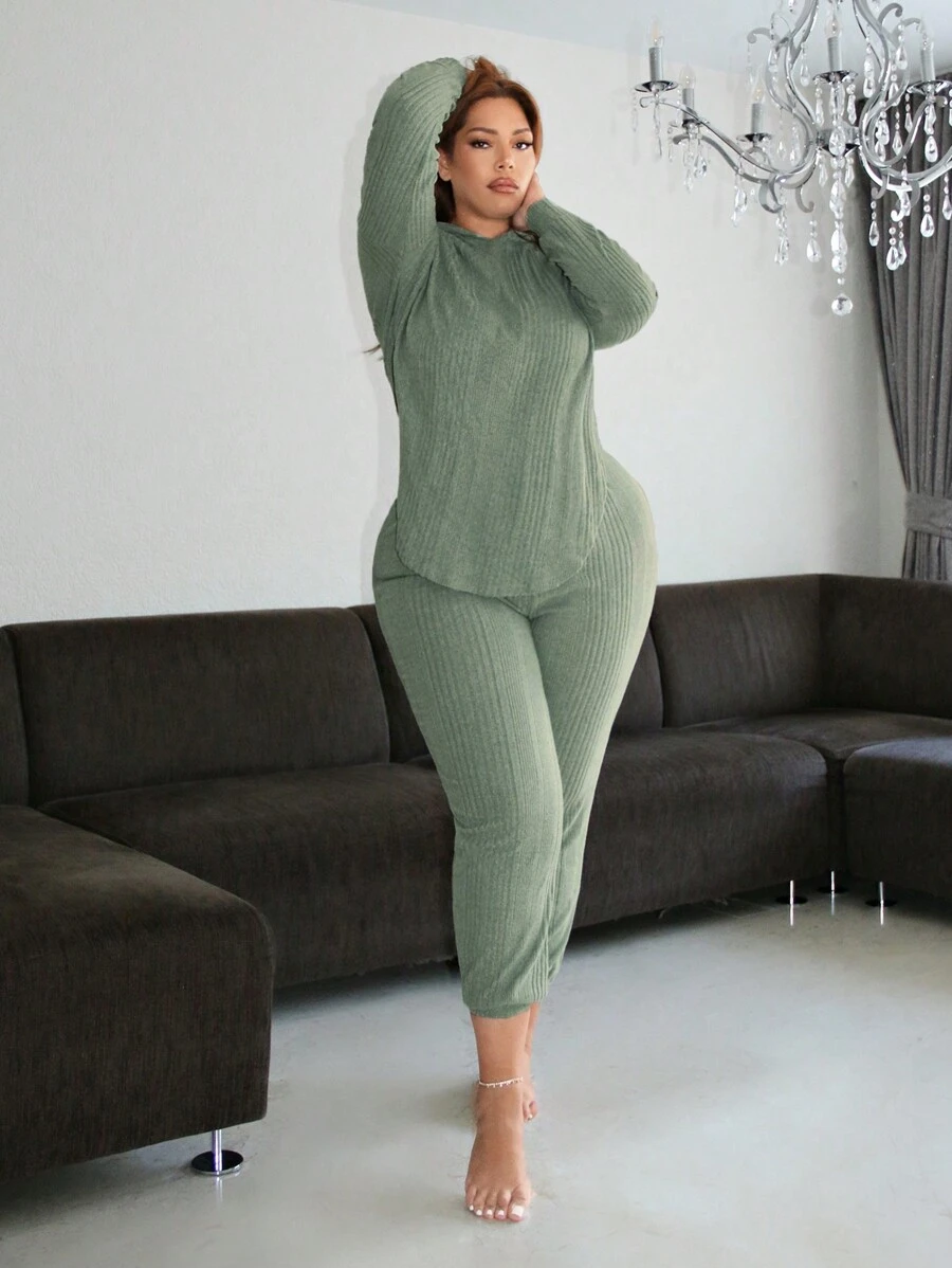 SHEIN SXY Plus Solid Hooded Tee & Pants - Green - View 1