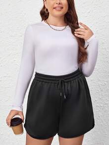 SHEIN LUNE Plus Drawstring Waist Dolphin Hem Shorts - Black - View 5