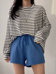 DAZY 条纹落肩超大T恤，秋季服装长袖女式上衣 - 黑色 - 查看 2