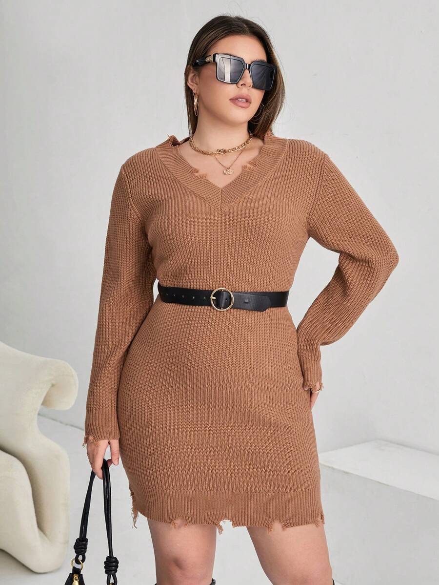 SHEIN Essnce Plus V Neck Distressed Sweater Dress Without Belt - Khaki - View 1