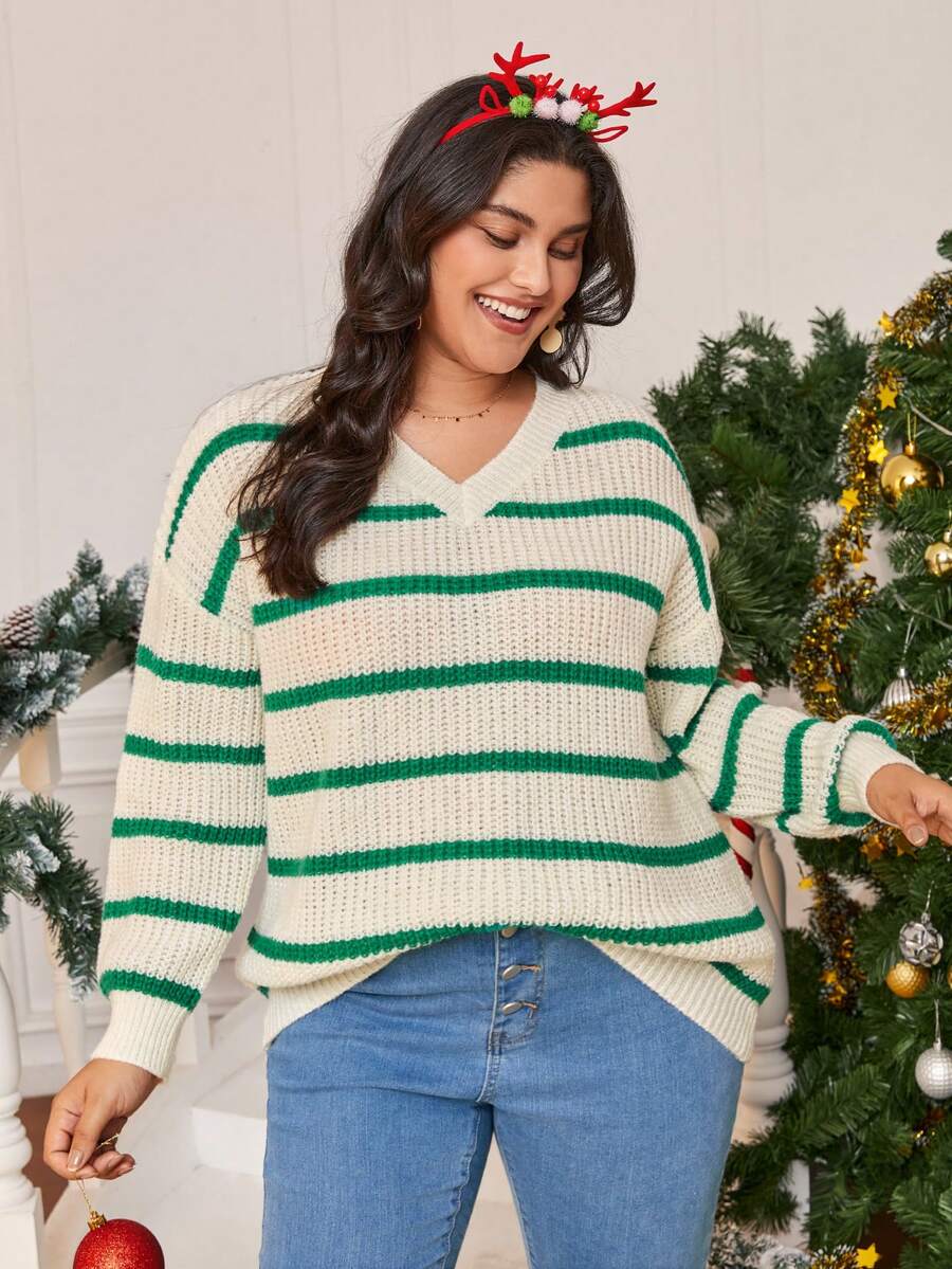 SHEIN Frenchy 大碼條紋圖案落肩袖套頭毛衣 - 彩色 - 查看 1