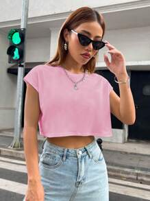SHEIN Unity Solid Batwing Sleeve Crop Tee - Pink - View 4