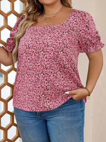 SHEIN VCAY Hơn In hoa Ditsy Ống tay áo Áo sơ mi - Hồng - Xem 4