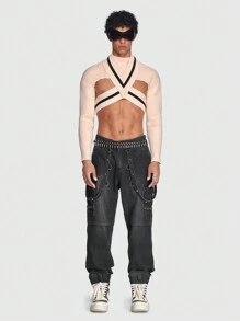 ROMWE MEN ROMWE Avant Guys Criss Cross Crop Sweater - Khaki - View 2