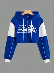 SHEIN EZwear Letter Graphic Colorblock Zip Up Drawstring Hoodie - Blue and White - View 1