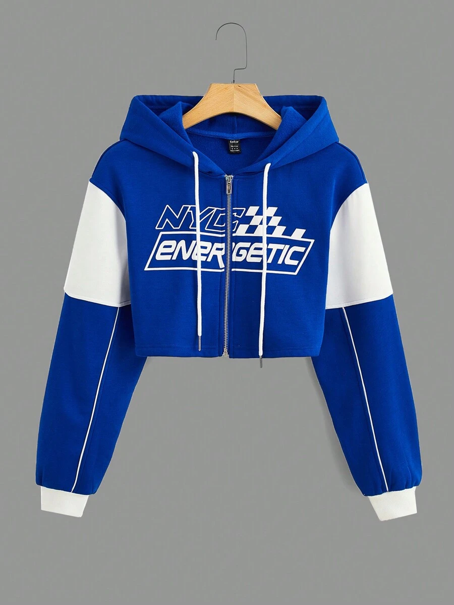 SHEIN EZwear Letter Graphic Colorblock Zip Up Drawstring Hoodie - Blue and White - View 1