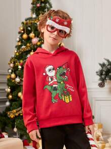 SHEIN Áo nỉ tay rớt in họa tiết Giáng sinh cho bé trai tuổi teen, thích hợp cho mùa Thu/Đông. - Đỏ - Xem 2