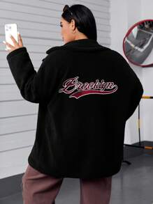 SHEIN EZwear Plus Letter Embroidery Drop Shoulder Teddy Coat - Black - View 2