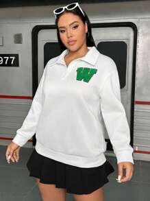 Flirla Plus Letter Patched Polo Neck Drop Shoulder Sweatshirt Pullover Fall Sweatshirt - White - View 4