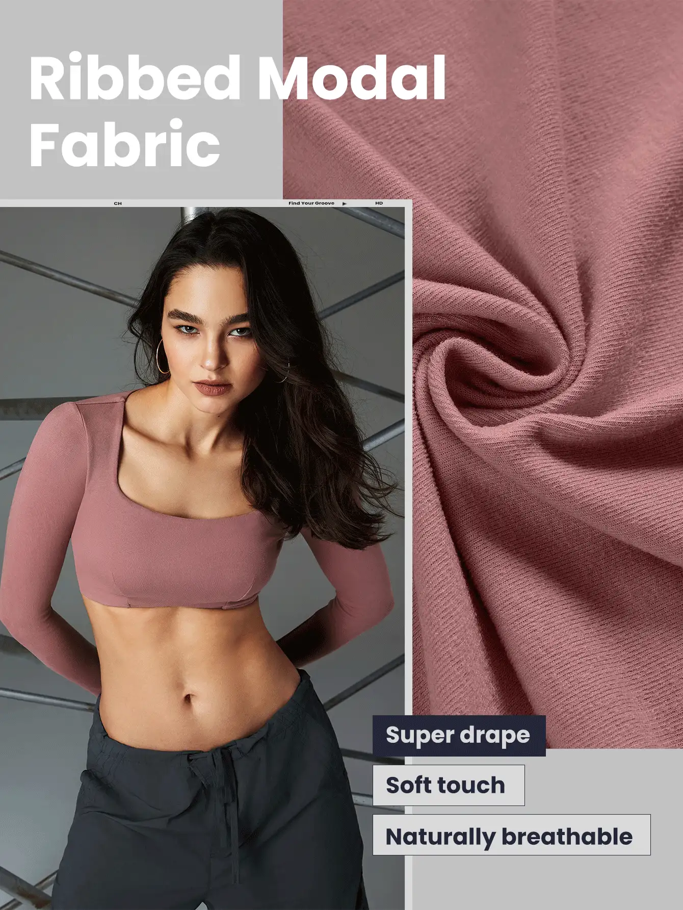 GLOWMODE 掐緊彈性純淨素面方領長袖極短時尚上衣,帶拇指孔 - 藕粉色 - 查看 6