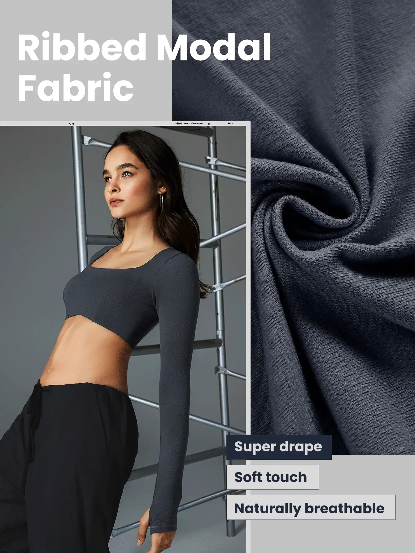 GLOWMODE Ribbed Modal Square Neck Long Sleeve Ultra Crop Top With Thumbhole - Iron Gray - View 6