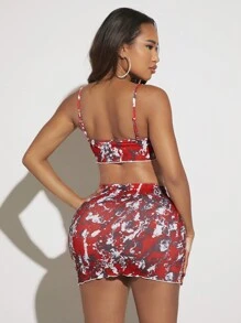 SHEIN SXY In hoa Tie Trước Cami ngọn & Váy bodycon - Đỏ - Xem 2