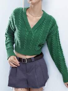 Flirla Cable Knit Drop Shoulder Crop Knit Pullover Fall Winter Sweater - Green - View 4
