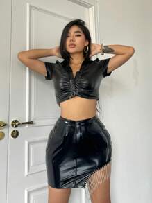 SHEIN SXY Pha lê Viền rìa Bằng sáng chế Váy bodycon - màu đen - Xem 1