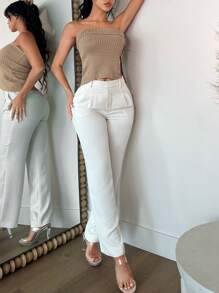 SHEIN SXY 紐扣細節下擺開叉抹胸針織上衣 - 卡其色 - 查看 6