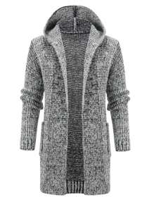 Men's Autumn/Winter Hooded Cardigan, Thick Warm Front Open Long Sleeve Knitted Slim Fit Jacket With Pockets - Grey - View 2