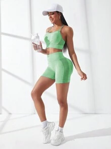 SHEIN Core Rhythm 無縫運動內衣背心連車手短褲，女排球套裝 - 綠色 - 查看 5