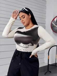 SHEIN EZwear Hơn In Đồ họa Áo thun - Màu be - Xem 6