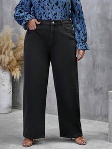 SHEIN LUNE Plus Zipper Fly Wide Leg Jeans - Black - View 3