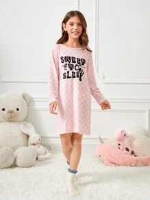 Cô gái Tween Kiểm tra máy & Đồ họa Khẩu hiệu Váy áo thun - Màu Hồng baby - Xem 3