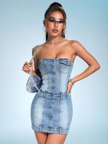 SHEIN ICON Flap Pocket Button Front Tube Denim Dress - Blue - View 7