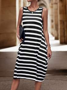 SHEIN LUNE Striped Print Tank Dress - Black and White - View 6